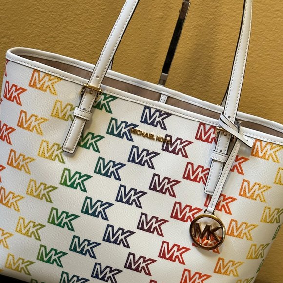 Michael Kors Jet Set Travel Medium Carryall Shoulder Tote Bag MK Rainbow White - Picture 13 of 13